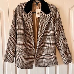 Forever 21 Plaid Double-Breasted Blazer with Black Velvet Collar